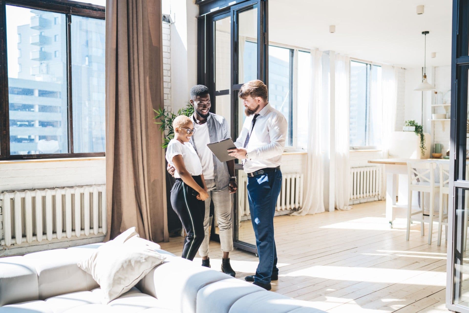 Couple talking to worker
